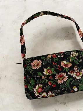 Vera Bradley Black Floral Quilted Shoulder Bag with Pink & Green Accents